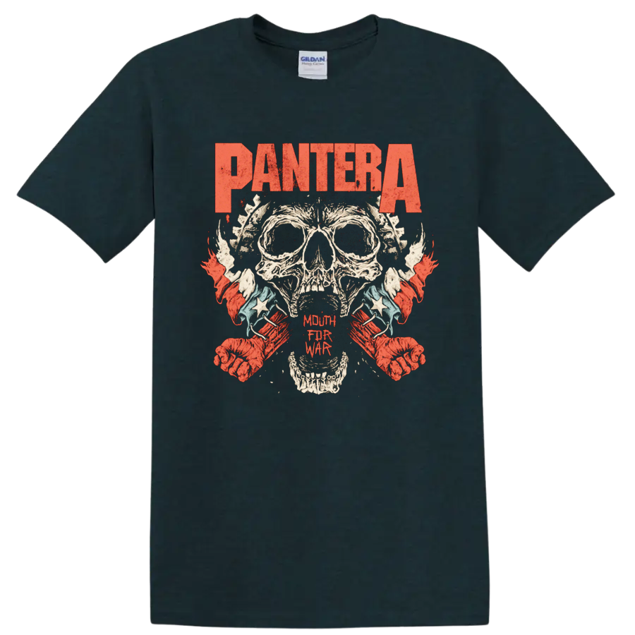 Pantera skull graphic print with distressed red heavy metal lettering T - Midnight (Green)