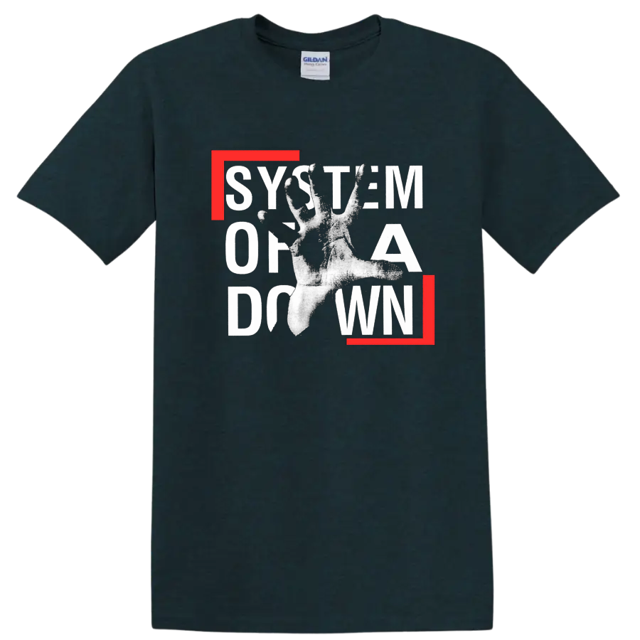 System of a Down graphic print with distressed text and hand on black T - Midnight (Green)