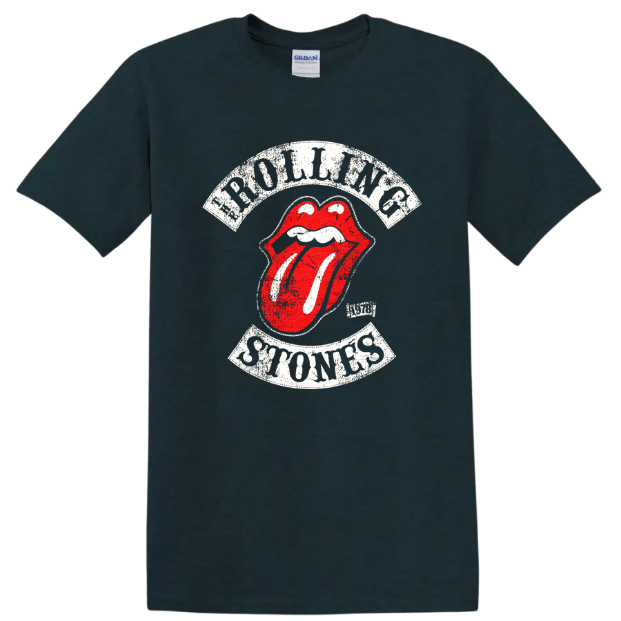 Distressed Rolling Stones tongue logo graphic print T shirt on a Midnight (Green) T Shirt