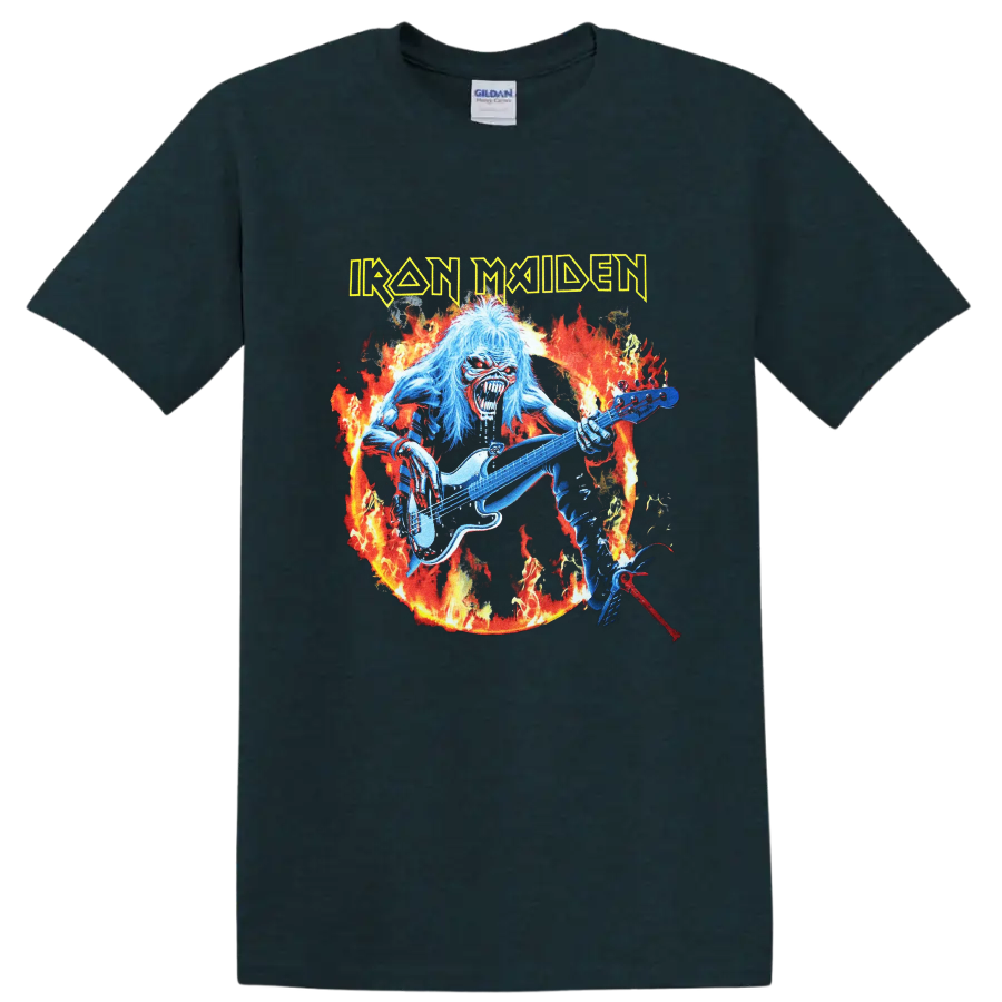 Iron Maiden Eddie guitarist in flames with distressed band logo artwork on a Midnight (Green) T Shirt