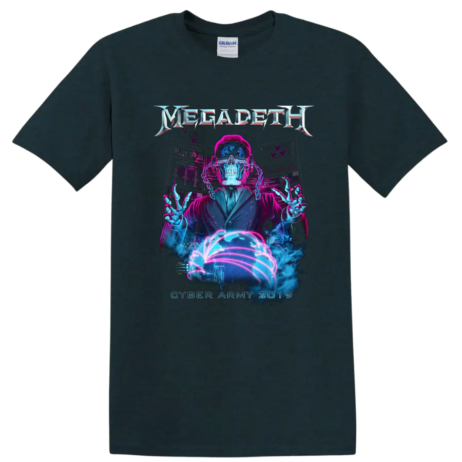 Vic Rattlehead Cyber Army neon cyberpunk skull with digital globe and Megadeth logo on a Midnight (Green) T Shirt