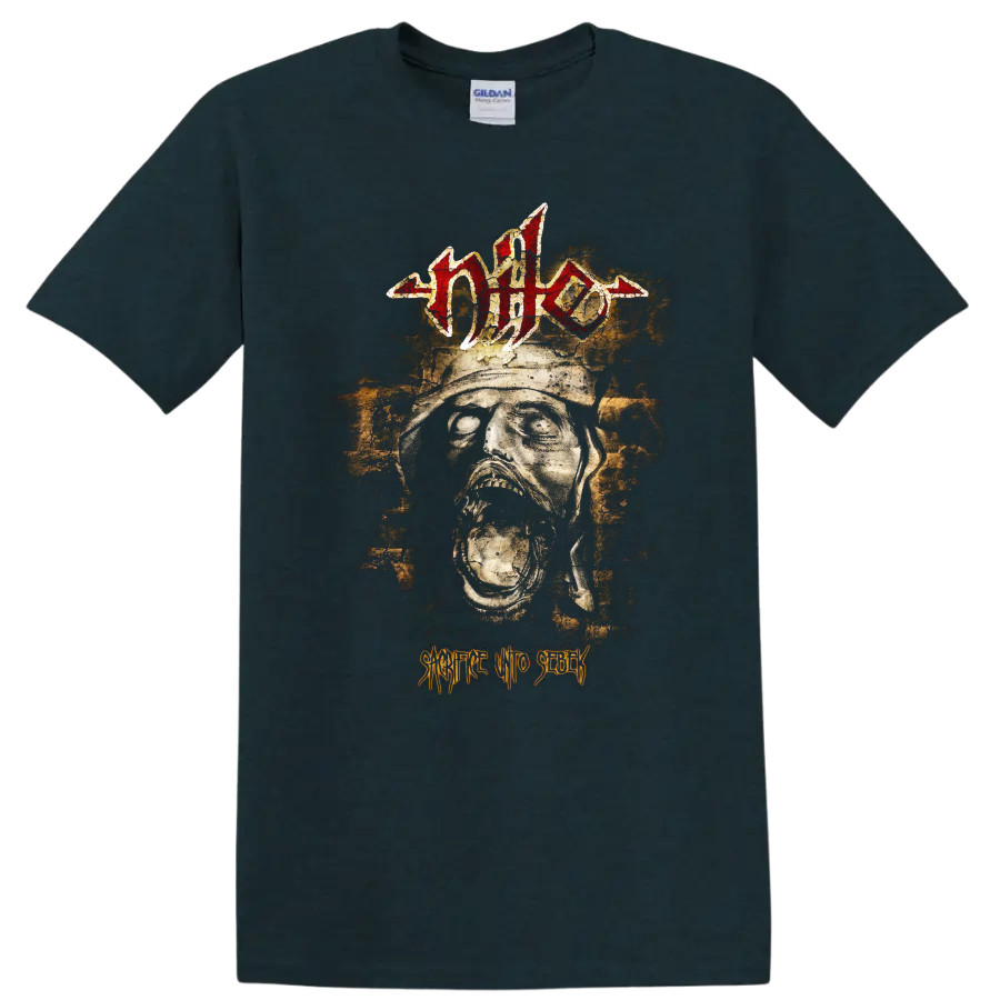 Nile logo above distressed skull artwork with Sacrifice Unto Sebek text on a Midnight (Green) T Shirt