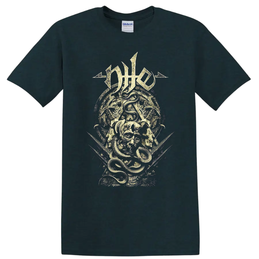 Nile death metal logo above a coiled snake, skull, and ancient Egyptian-style artwork on a Midnight (Green) T Shirt