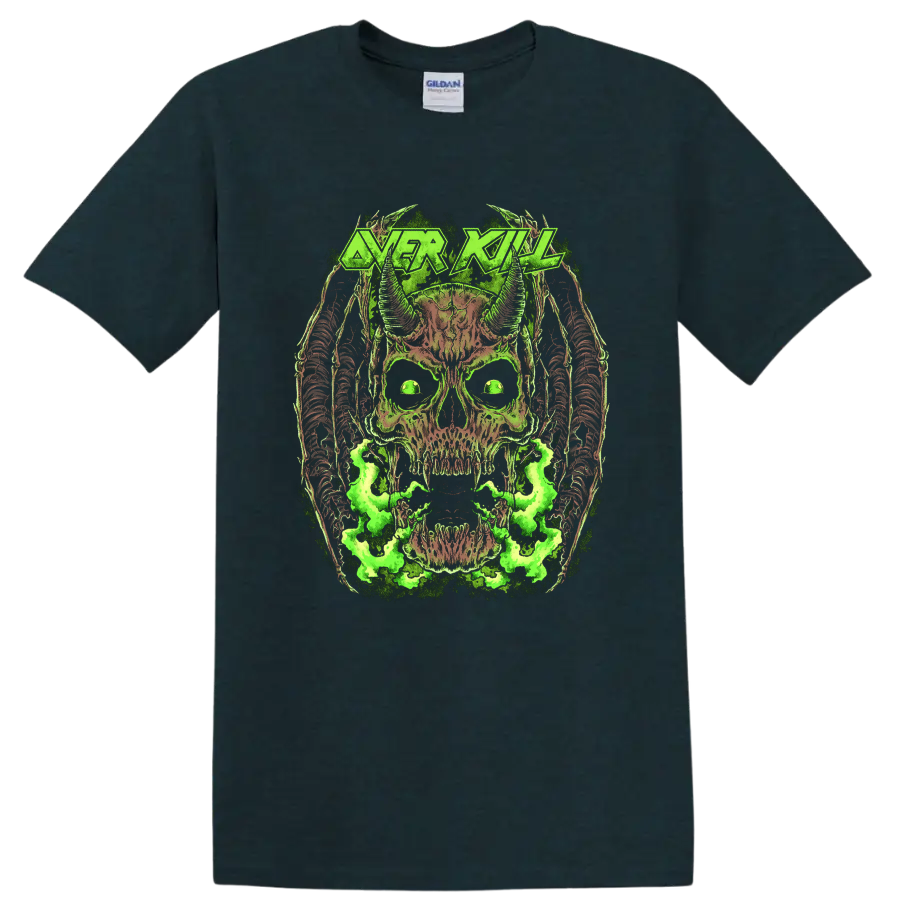 Overkill Chaly horned skull artwork with neon green smoke and distressed metal logo on a Midnight (Green) T Shirt