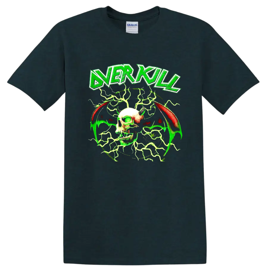 Overkill logo with horned skull, bat wings, and neon green lightning graphic on a Midnight (Green) T Shirt