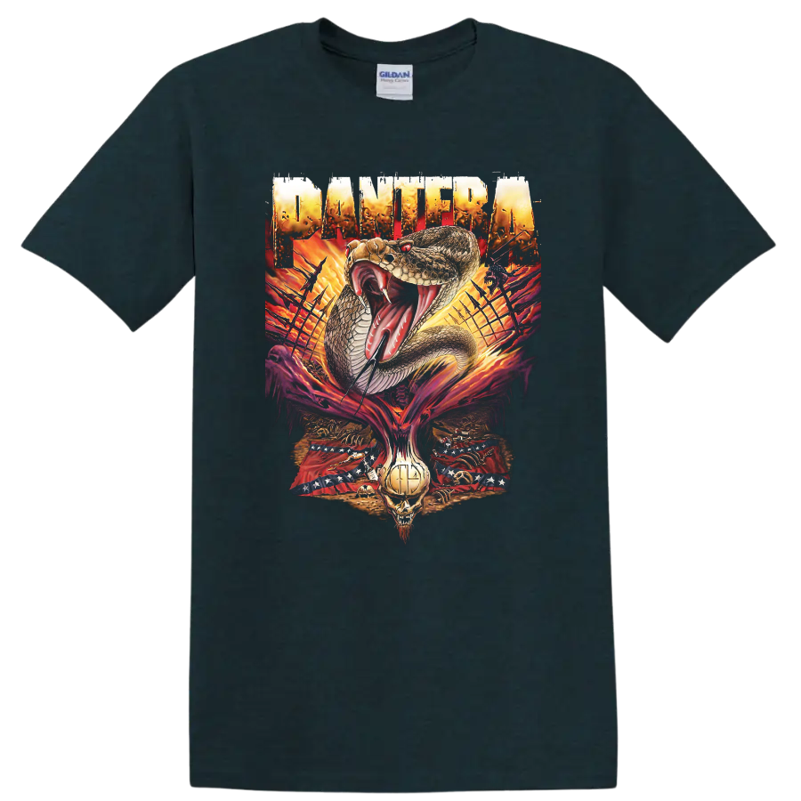 Pantera cobra, flames, skull, barbed wire, and distressed metal artwork on a Midnight (Green) T Shirt