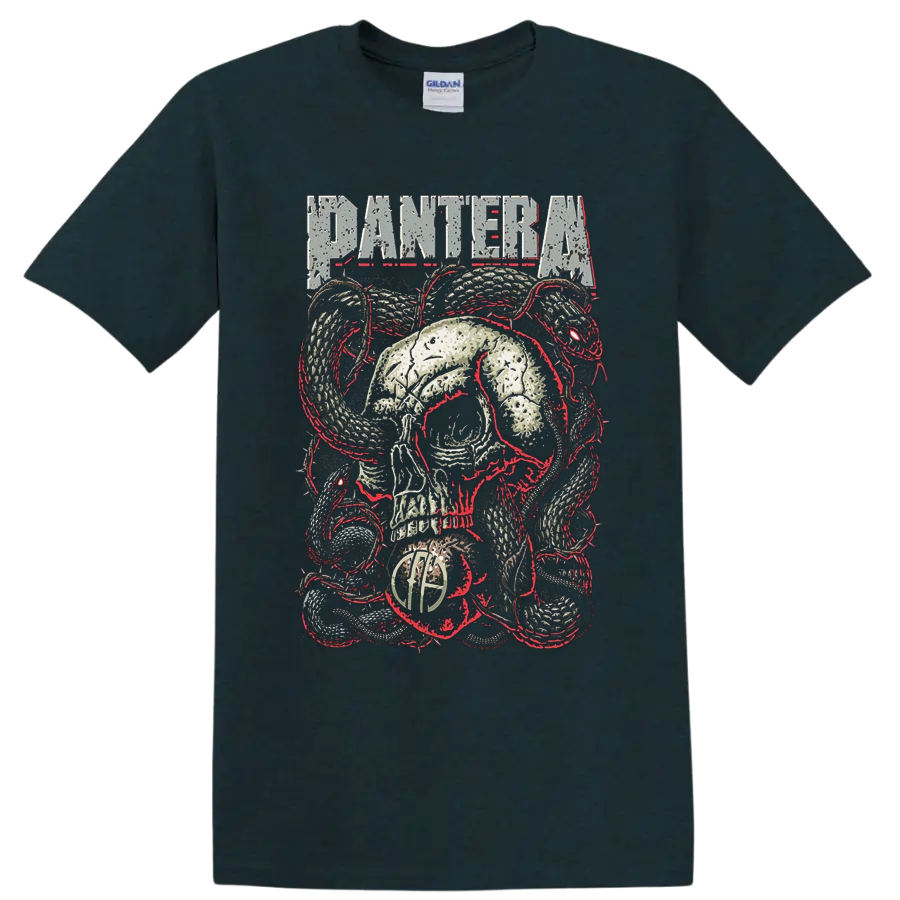 Pantera distressed skull and coiled snake heavy metal graphic with red accents on a Midnight (Green) T Shirt