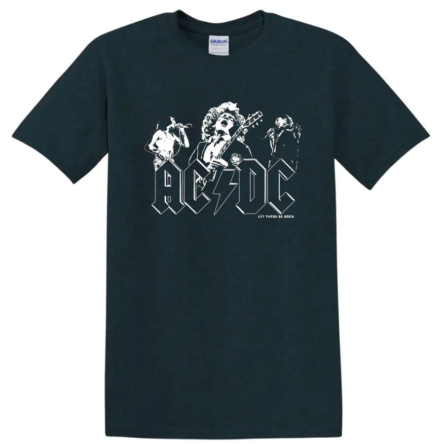AC/DC Angus Young guitarist artwork with lightning logo and Let There Be Rock text on a Midnight (Green) T Shirt