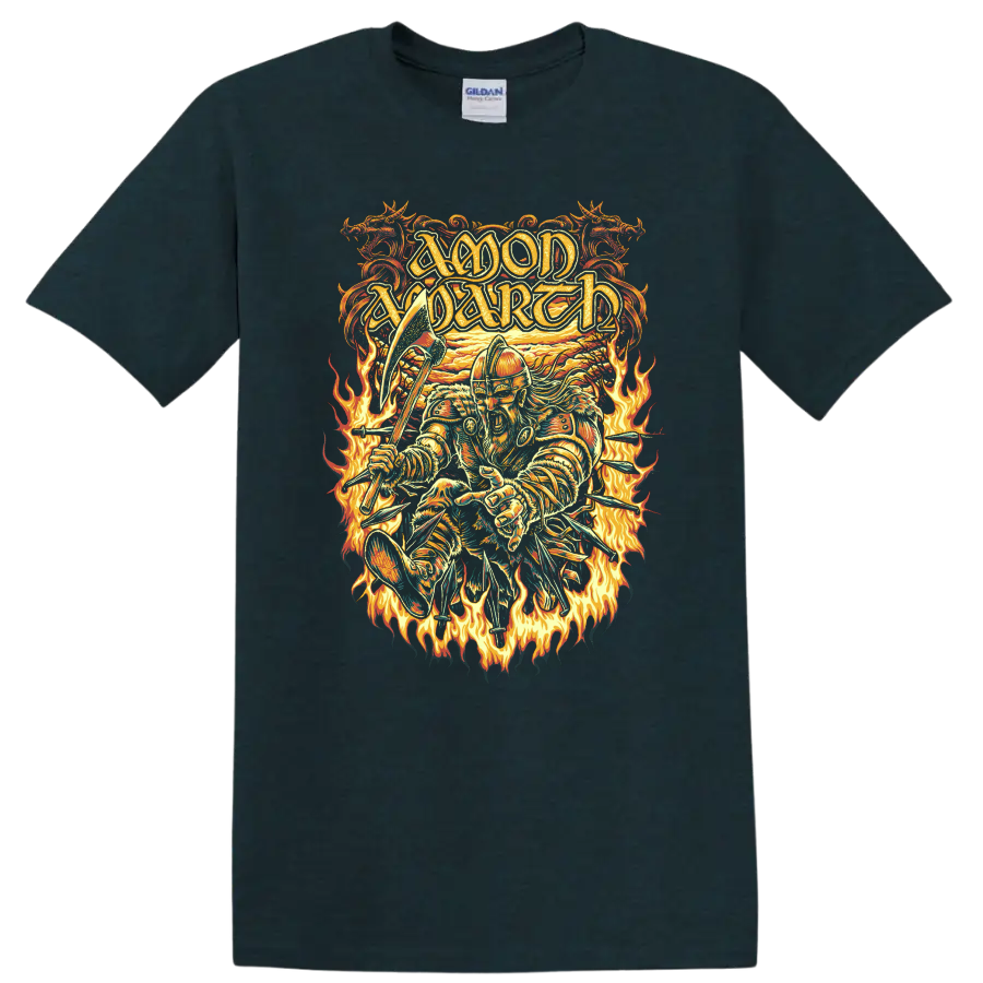 Amon Amarth Viking warrior with axe, arrows, and flames in ornate metal art on a Midnight (Green) T Shirt