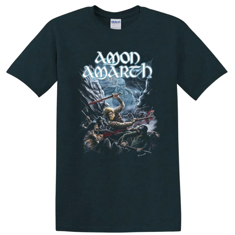 Amon Amarth logo above a lightning-lit Viking battle with Norse warriors on a Midnight (Green) T Shirt