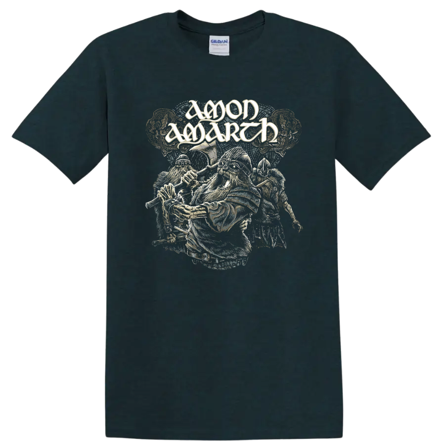 Amon Amarth logo above distressed Viking warriors with axes and armored helmets on a Midnight (Green) T Shirt