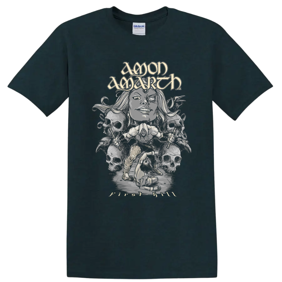Amon Amarth First Kill Viking warrior and skulls in monochrome metal illustration on a Midnight (Green) T Shirt