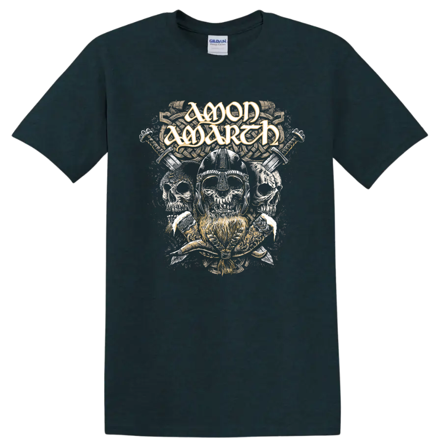 Amon Amarth logo above Viking helmet skulls, crossed weapons, and Norse knotwork on a Midnight (Green) T Shirt