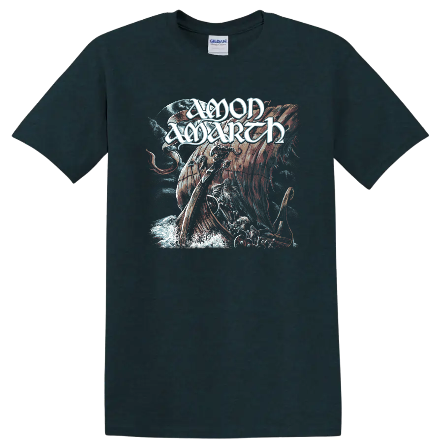 Amon Amarth Viking warrior, longship, raven, and moon in distressed metal art on a Midnight (Green) T Shirt