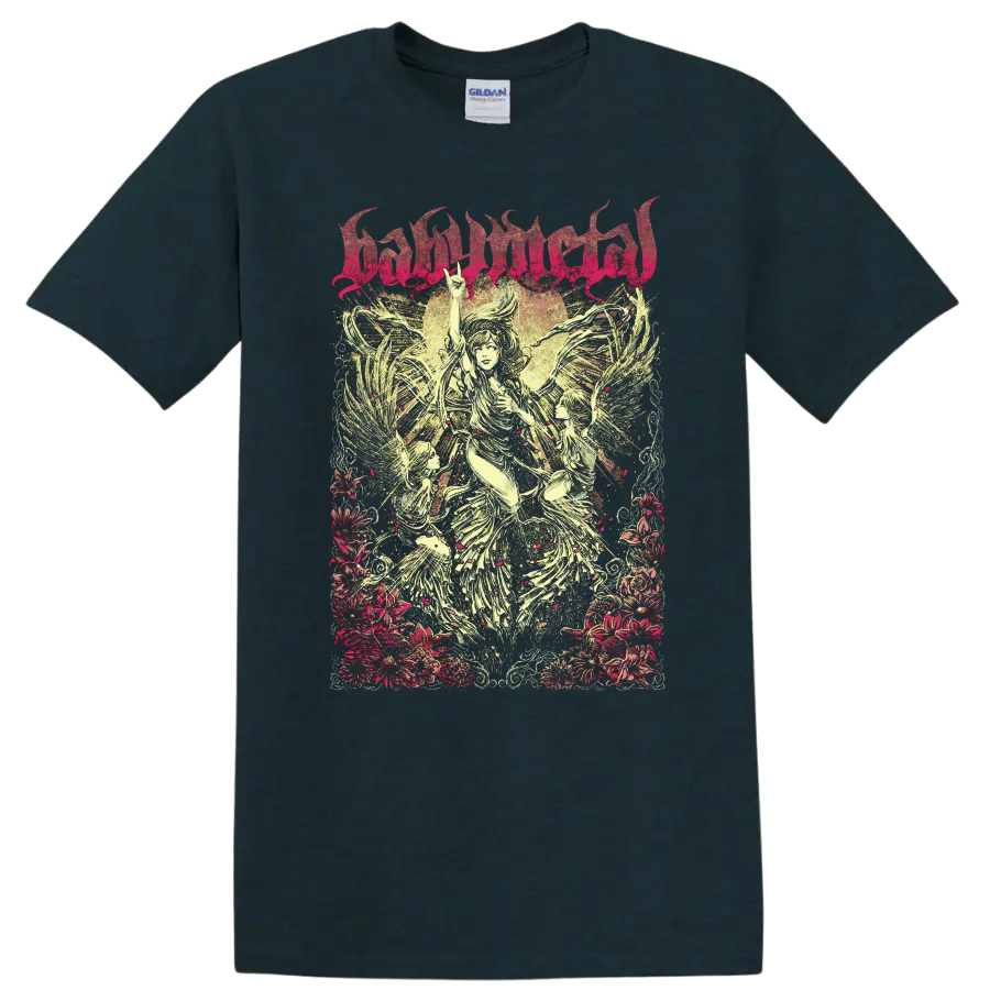 BABYMETAL angelic winged figures with floral border in distressed metal poster art on a Midnight (Green) T Shirt