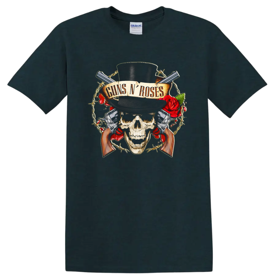 Guns N' Roses skull in top hat with red roses, revolvers, barbed wire, and banner on a Midnight (Green) T Shirt