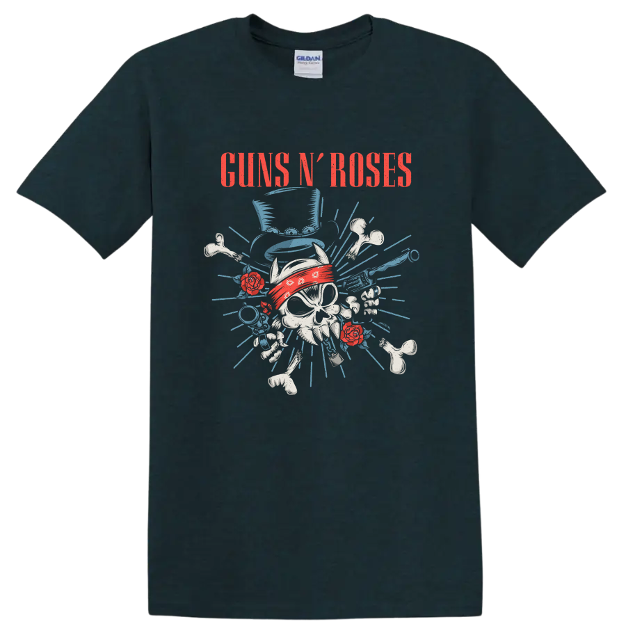 Guns N' Roses distressed skull with red bandana, roses, bones, and blue rays on a Midnight (Green) T Shirt