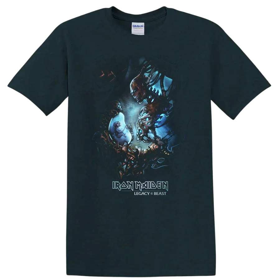 Iron Maiden Legacy of the Beast Eddie skeletal dark fantasy metal artwork on a Midnight (Green) T Shirt
