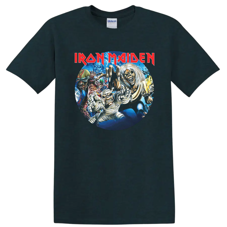 Iron Maiden Eddie horror collage with lightning, monsters, and red logo on a Midnight (Green) T Shirt