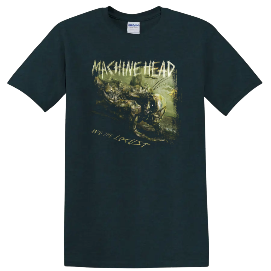Machine Head Unto the Locust distressed green creature metal artwork on a Midnight (Green) T Shirt