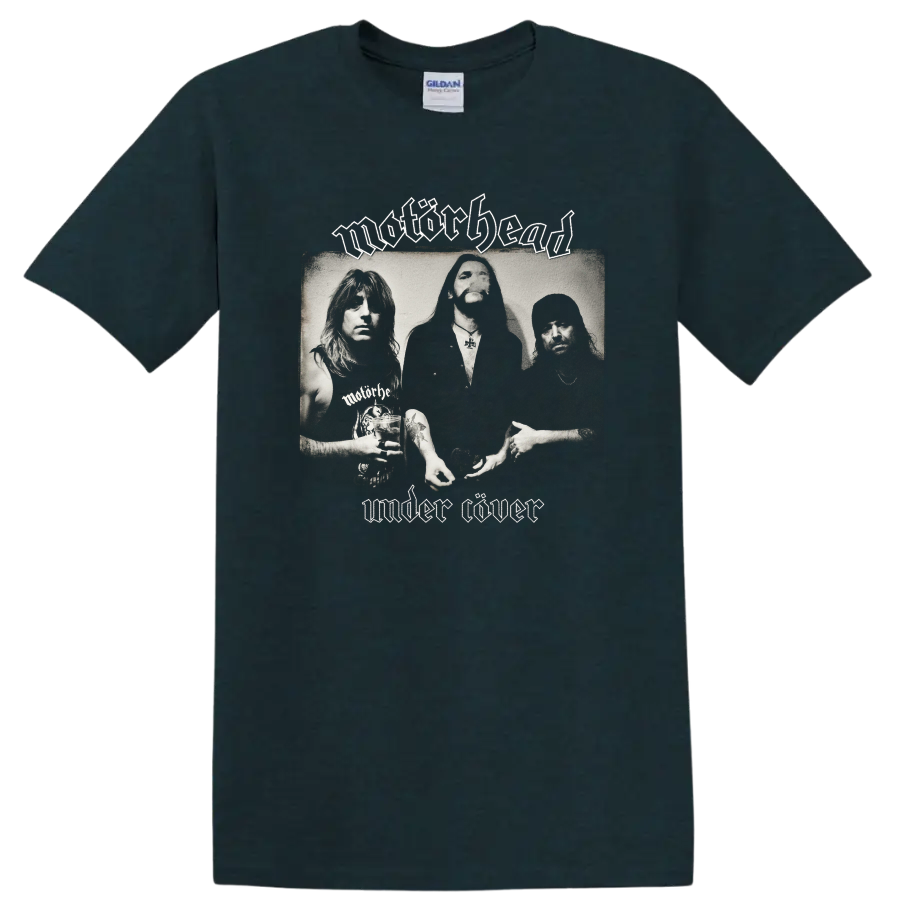 Motörhead Under Cöver black-and-white band portrait with gothic logo lettering on a Midnight (Green) T Shirt