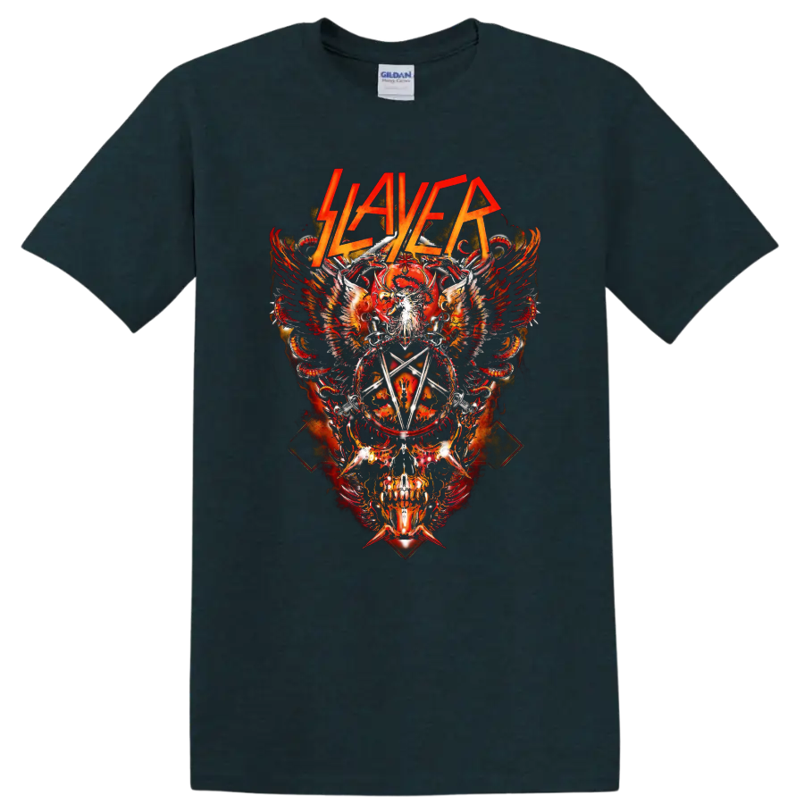 Slayer logo over flaming skull, wings, serpents, swords, and pentagram metal artwork on a Midnight (Green) T Shirt