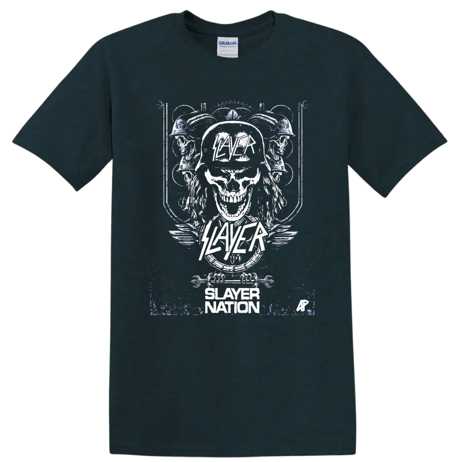 Distressed Slayer skull graphic with helmet, mirrored skulls, wings, and Slayer Nation on a Midnight (Green) T Shirt