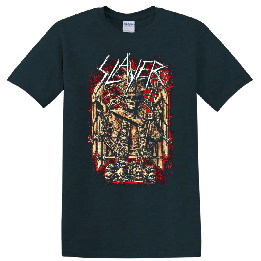 Slayer Haunting the Chapel skeletal warrior with skulls, blades, and distressed red on a Midnight (Green) T Shirt