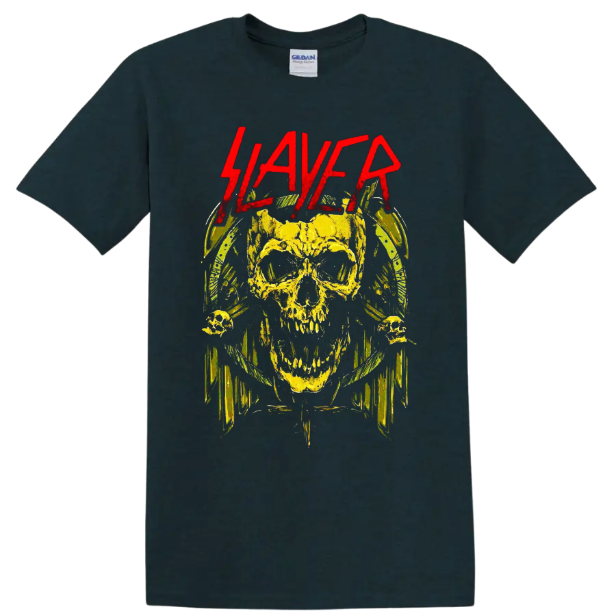 Distressed yellow skull with red Slayer lettering and dark heavy metal horror art on a Midnight (Green) T Shirt
