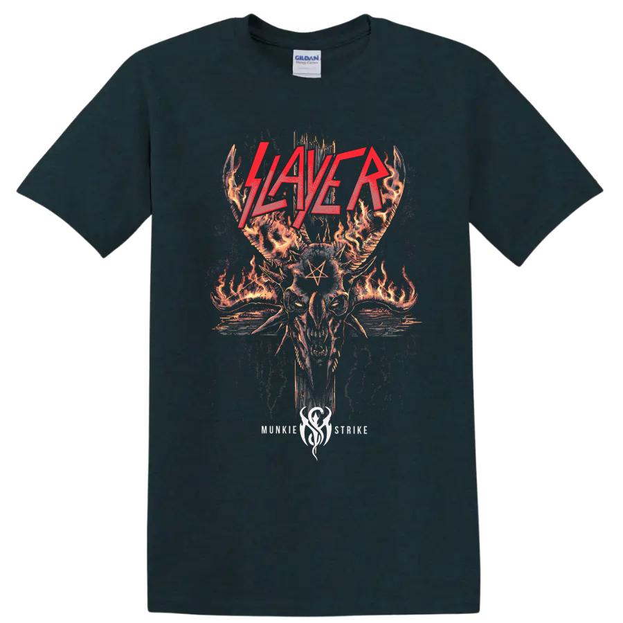 Slayer Skullagramm flaming horned skull with red logo and pentagram on a Midnight (Green) T Shirt