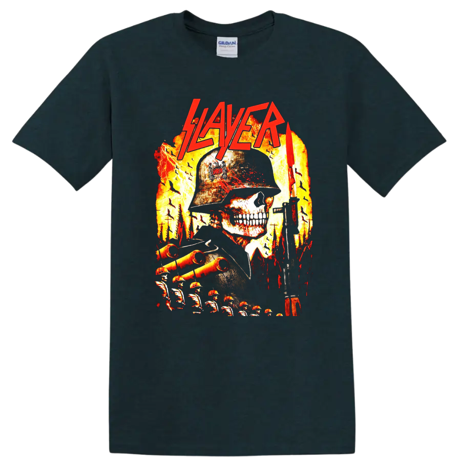 Slayer skull soldier graphic with flames, rifle, battlefield, and red logo on a Midnight (Green) T Shirt