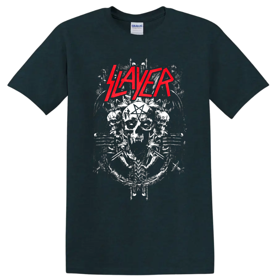 Slayer red logo above distressed skull, pentagram, chains, and spikes metal artwork on a Midnight (Green) T Shirt
