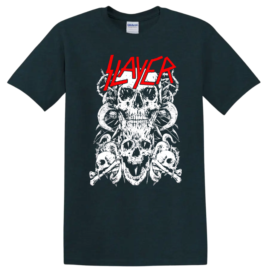 Slayer red logo over distressed white skull collage in heavy metal line-art style on a Midnight (Green) T Shirt