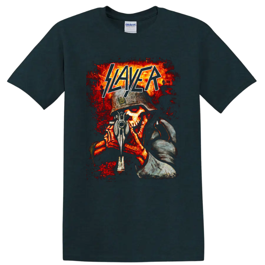 Slayer logo over helmeted skull soldier with gun and fiery battlefield artwork on a Midnight (Green) T Shirt