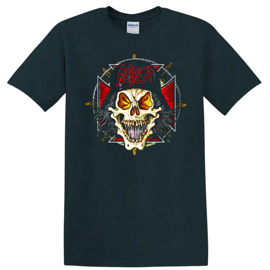 Slayer Slaytanic Wehrmacht skull with red logo and distressed metal backdrop on a Midnight (Green) T Shirt
