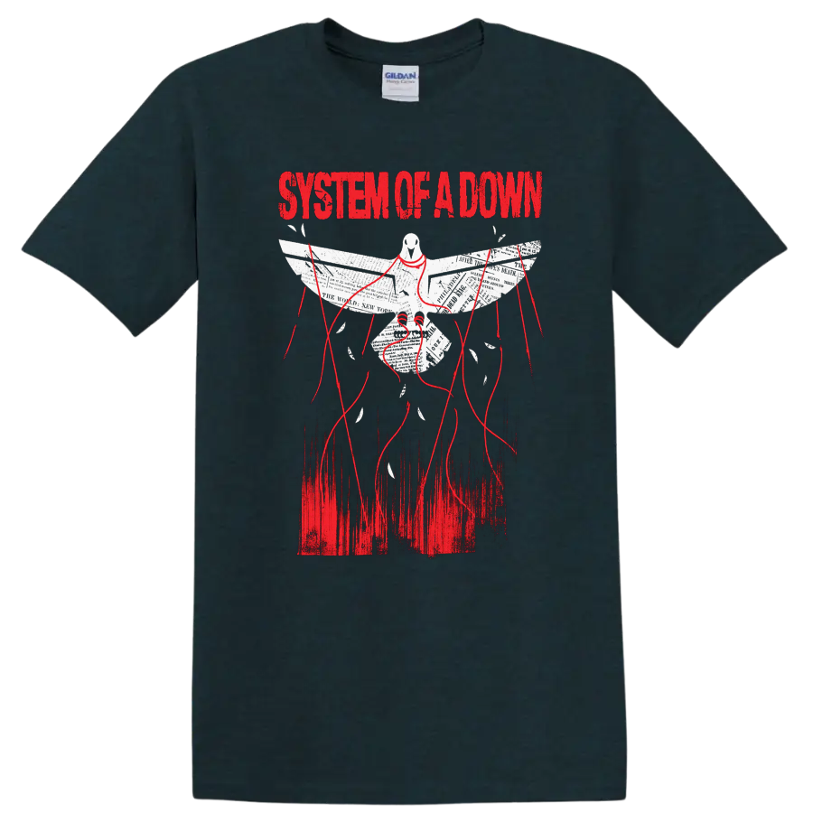 System of a Down distressed dove with newspaper wings, red threads, and bold red lettering on a Midnight (Green) T Shirt