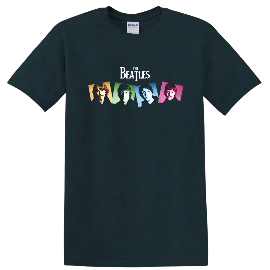 The Beatles four-panel pop art portraits in orange, green, blue, and pink on a Midnight (Green) T Shirt