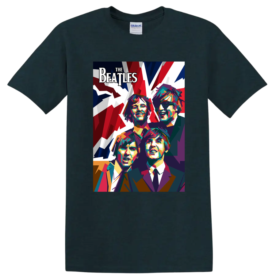 The Beatles colorful geometric pop-art portraits with bold red, white, and blue backdrop on a Midnight (Green) T Shirt