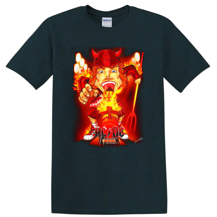 Angus Young AC/DC devil rocker cartoon with flames, guitar, and lightning lettering on a Midnight (Green) T Shirt