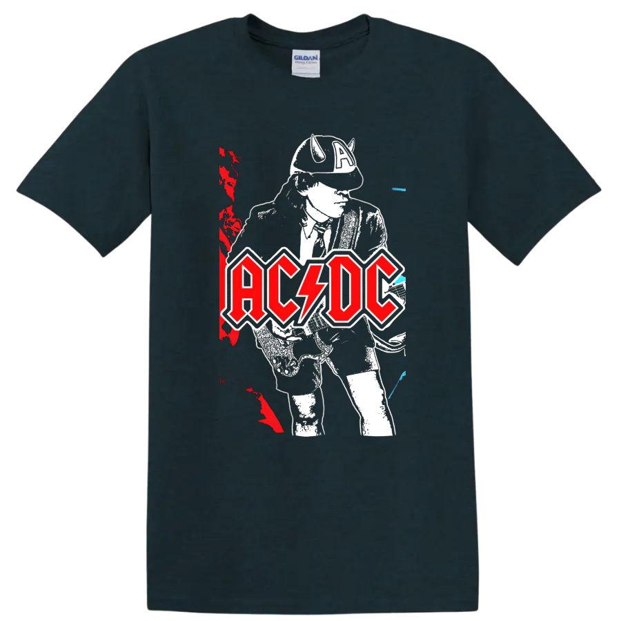 Angus Young guitar illustration with distressed AC/DC logo and concert poster accents on a Midnight (Green) T Shirt