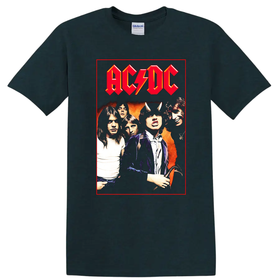 AC/DC band portrait with Angus Young devil horns and red lightning logo on a Midnight (Green) T Shirt