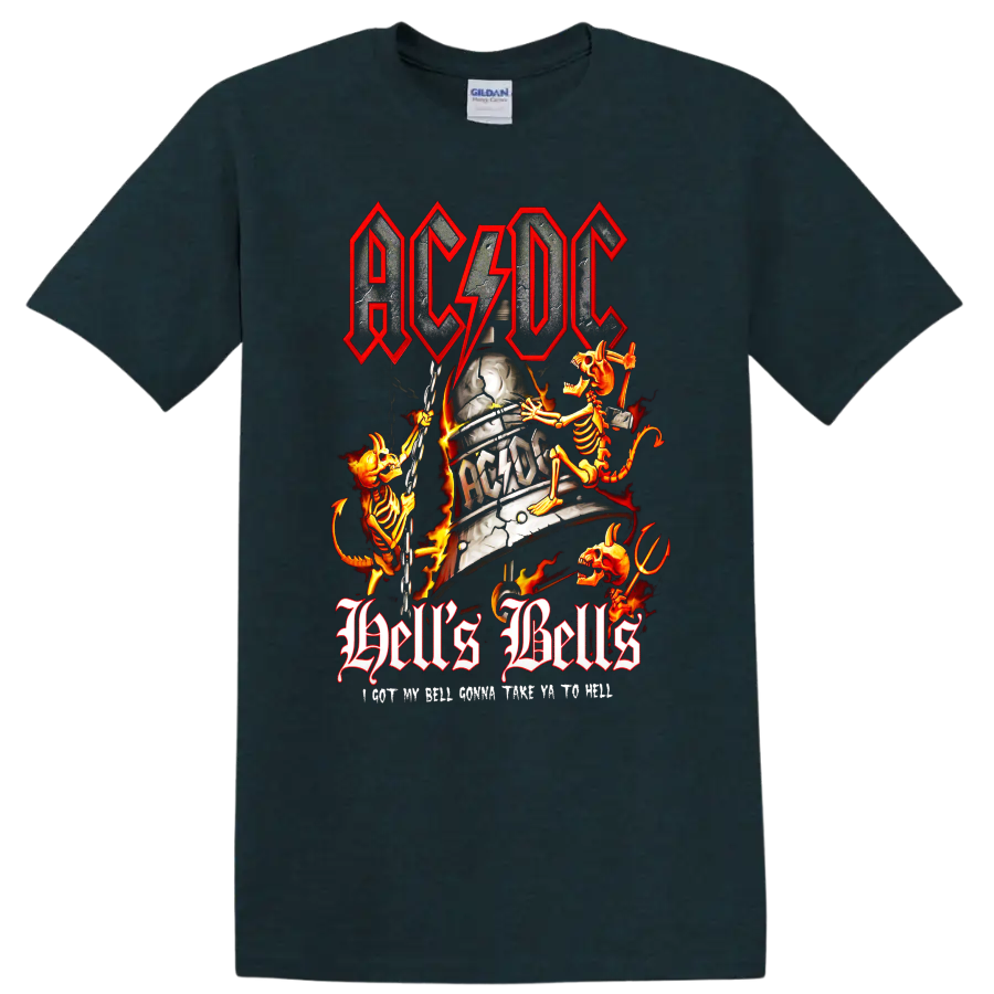 AC/DC Hell's Bells cracked bell with flaming skeletons, chains, lightning, and flames on a Midnight (Green) T Shirt