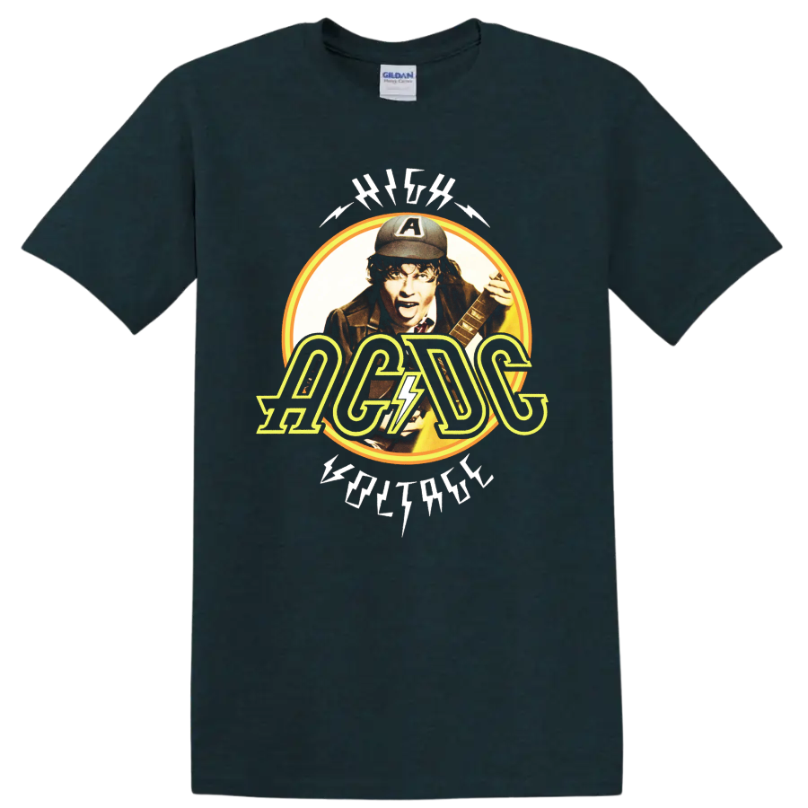 Angus Young AC/DC High Voltage vintage guitar portrait with lightning logo on a Midnight (Green) T Shirt