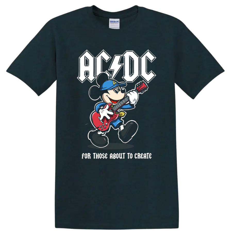 Mickey Mouse playing red electric guitar beneath AC/DC lettering in distressed rock art on a Midnight (Green) T Shirt