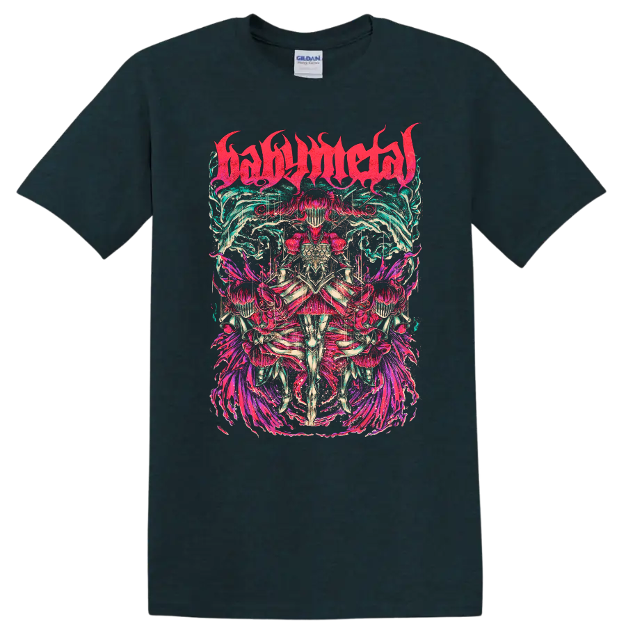 BABYMETAL neon fantasy warrior graphic with mirrored armored figures and flame motifs on a Midnight (Green) T Shirt