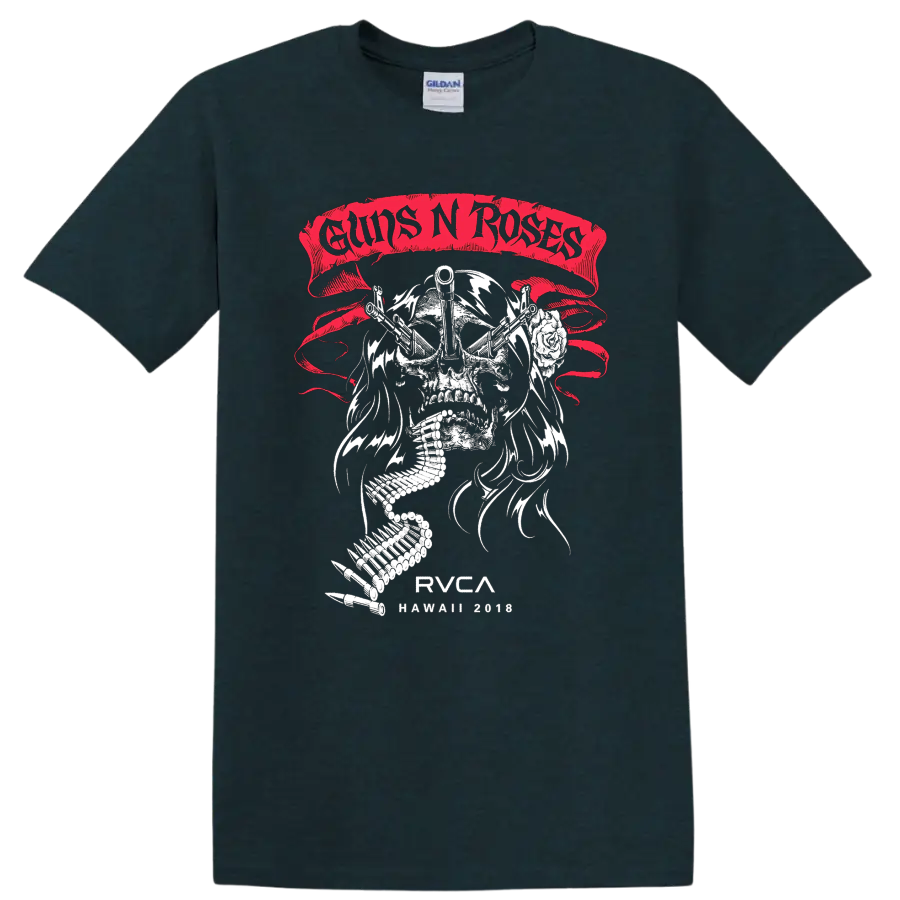 Guns N Roses skull with crossed guns, rose, ammo belt, and distressed red banner on a Midnight (Green) T Shirt