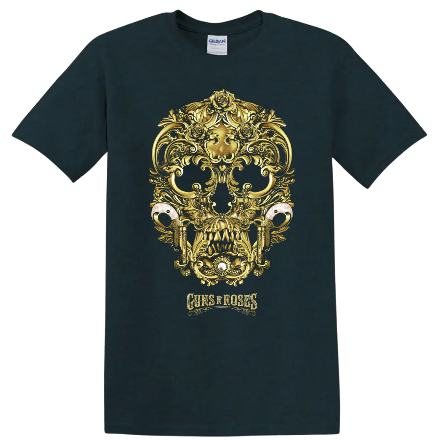 Guns N Roses gold skull with roses and ornate gothic baroque scrollwork on a Midnight (Green) T Shirt