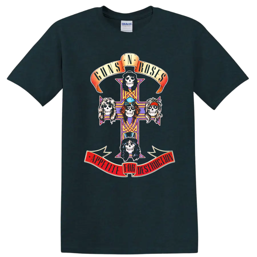 Guns N' Roses Appetite for Destruction skull cross with five colorful skull portraits on a Midnight (Green) T Shirt
