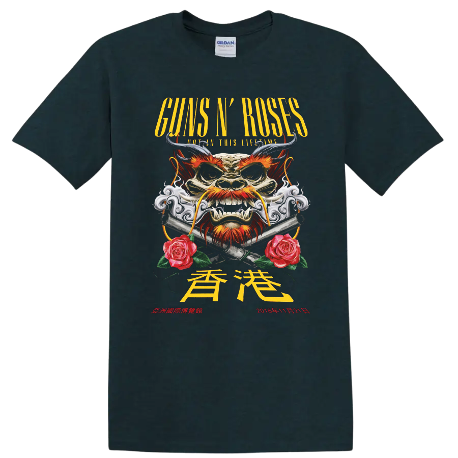 Guns N' Roses Hong Kong 2018 horned dragon, crossed pistols, smoke and roses graphic on a Midnight (Green) T Shirt