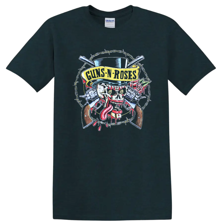 Guns N Roses distressed skull, crossed guns, barbed wire, rose, and top hat rock artwork on a Midnight (Green) T Shirt